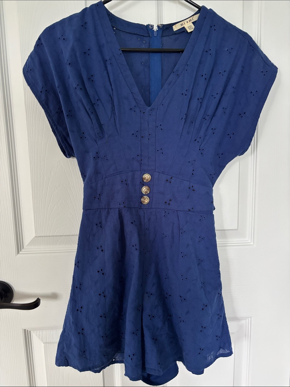 Blue Eyelet V-Neck Romper with Button Waist